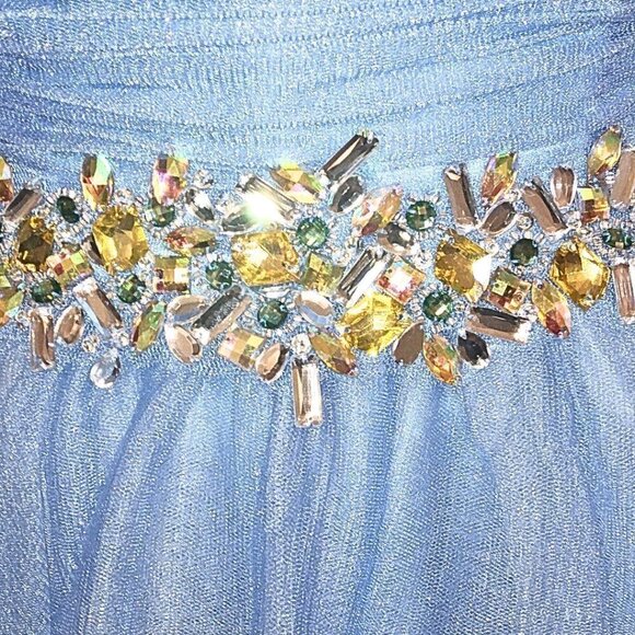 CAMILLE LA VIE BLUE ORGANZA HOMECOMING PARTY DRESS W/ CRYSTAL EMBELLISHED WAIST - Picture 4 of 7